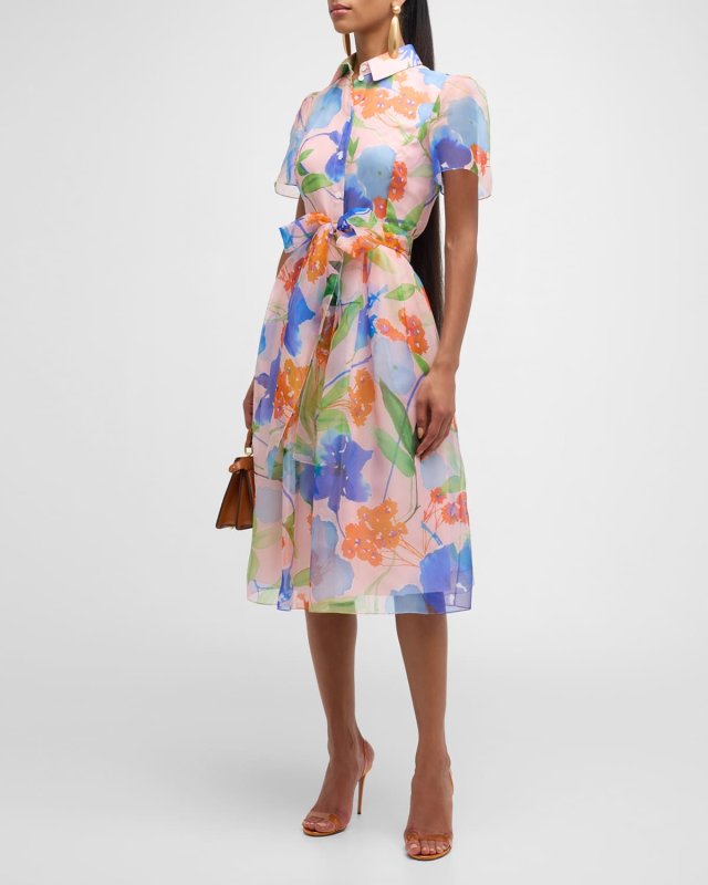Button-Front Floral-Print Midi Dress with Tie Belt