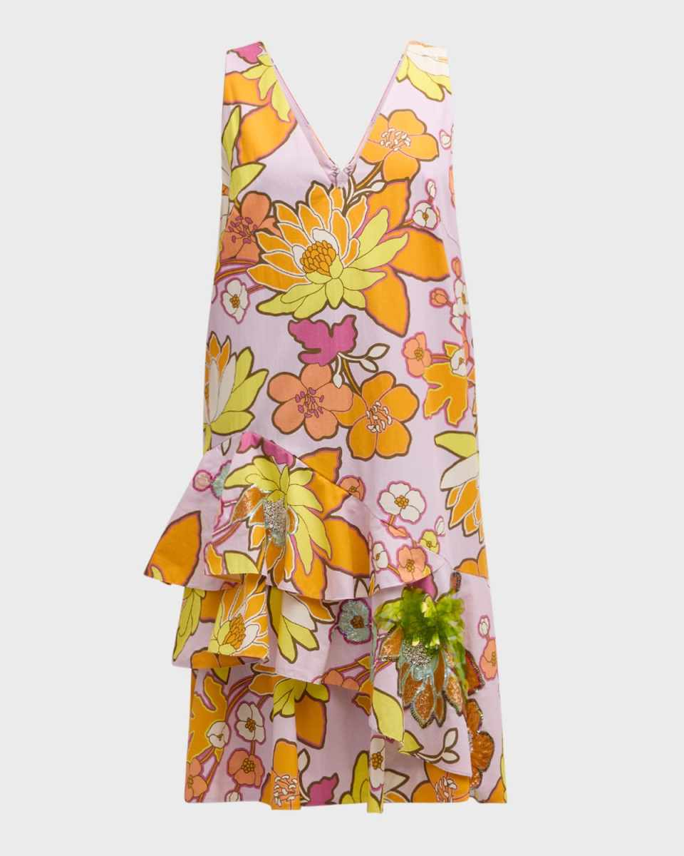Sleeveless Floral-Print Ruffle Dress