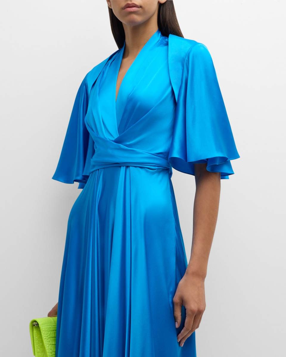 Dephina Flutter-Sleeve Silk Satin Cape
