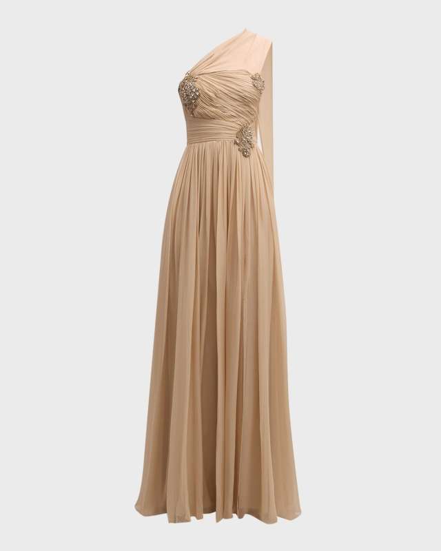One-Shoulder Crystal-Applique Chiffon Gown