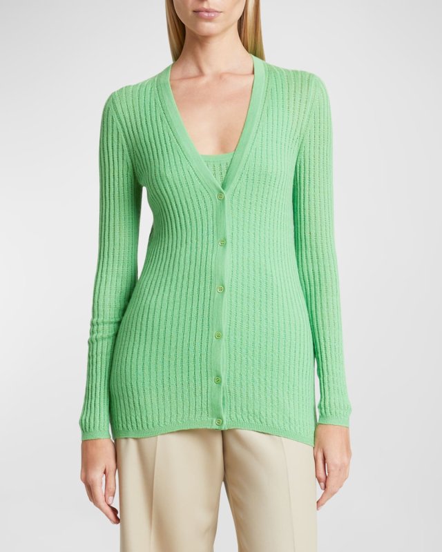 Emma V-Neck Pointelle Rib Cashmere-Silk Cardigan