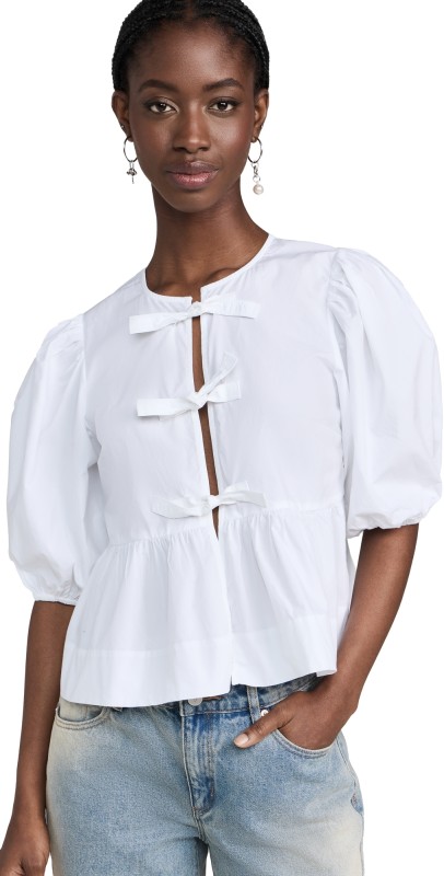 GANNI Cotton Poplin Peplum Blouse Bright White