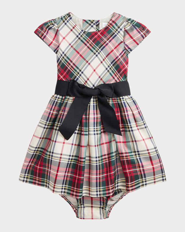 Girl's Plaid-Print Bow Dress W/ Bloomers, Size 9M-24