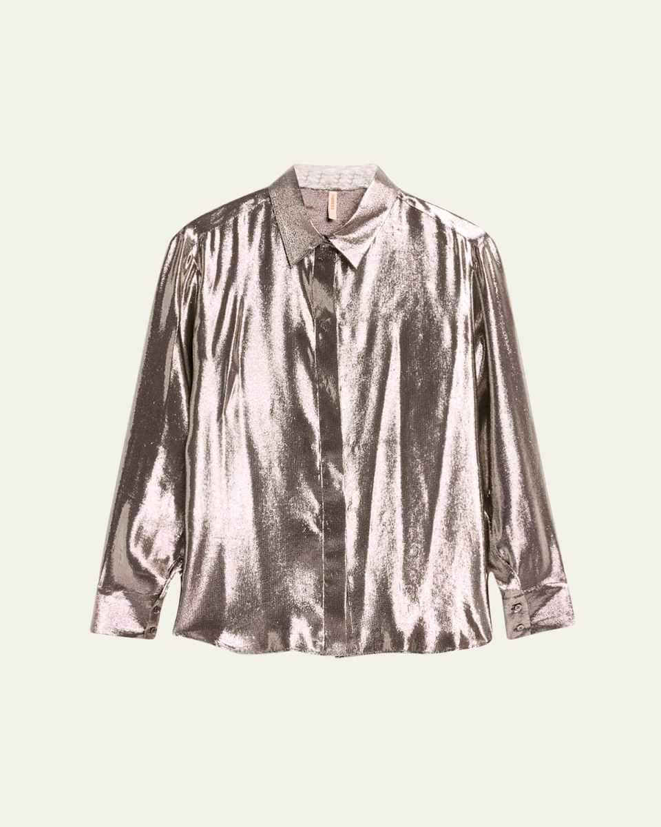 Jane Button Down Shiny Silk Metallic Blouse
