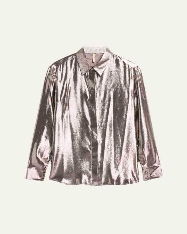 Jane Button Down Shiny Silk Metallic Blouse