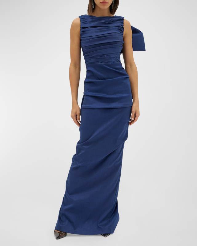 Zora Ruched Taffeta Gown with Back Bow