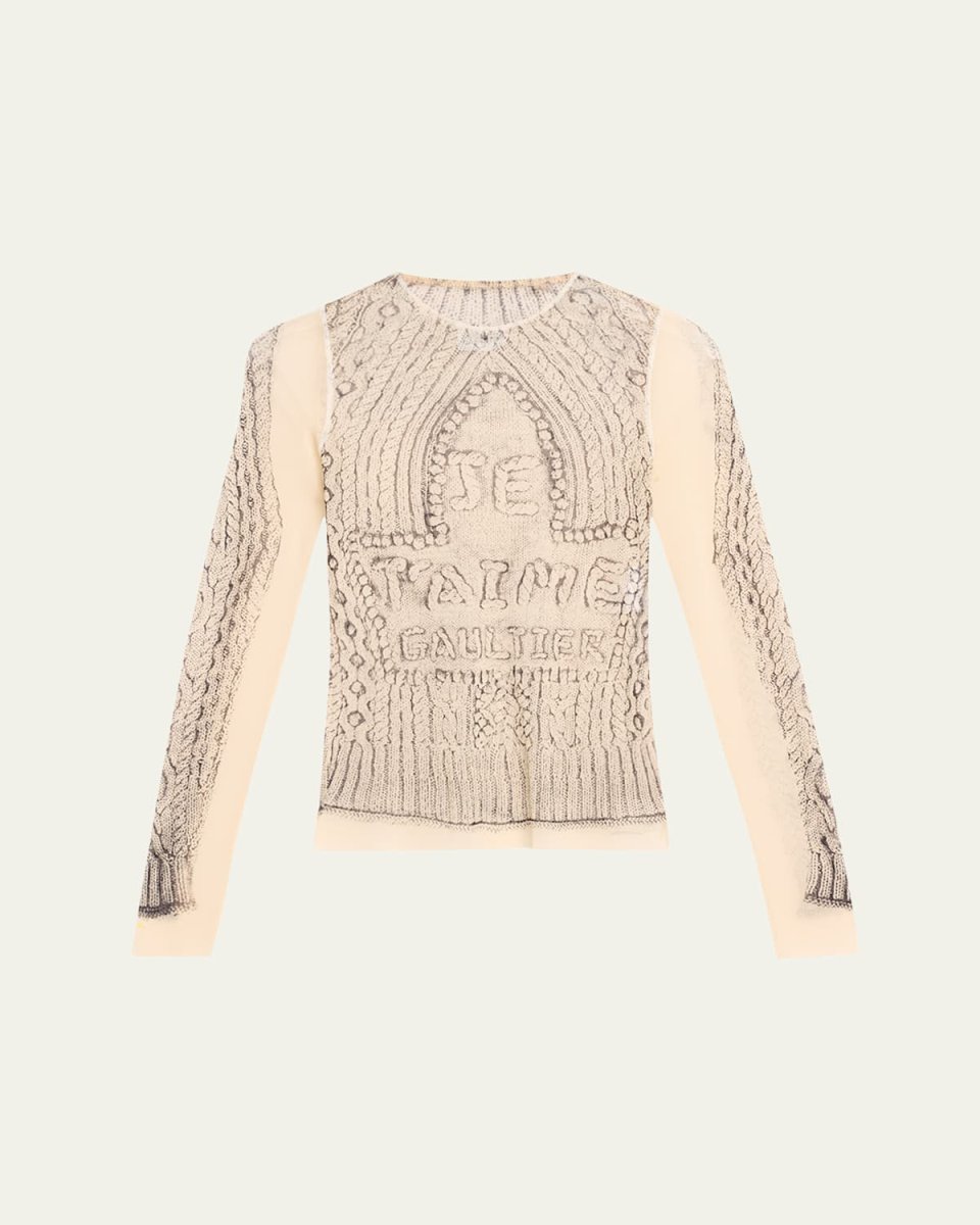 Je Taime Cable-Knit Print Mesh Top