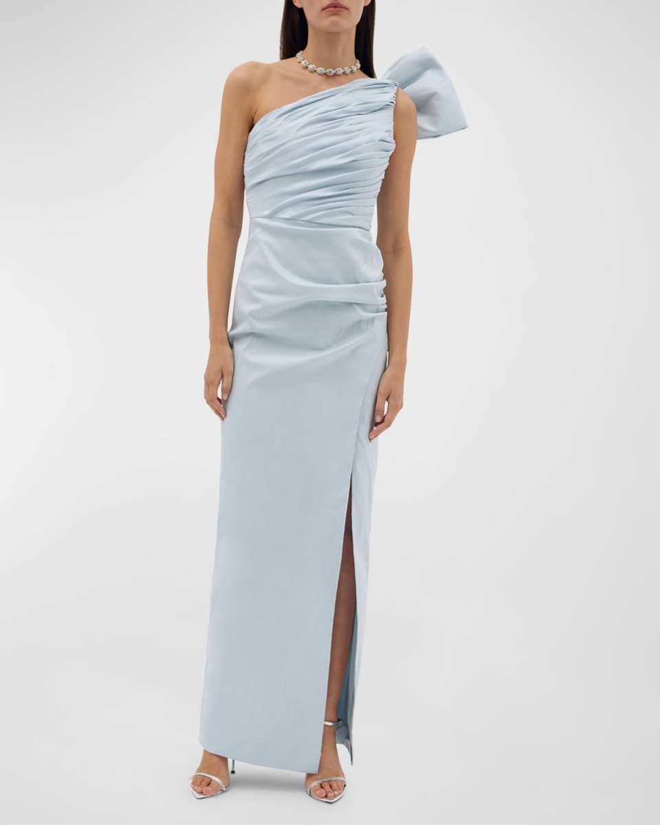 Olive Pleated Draped One-Shoulder Bow Side-Slit Gown