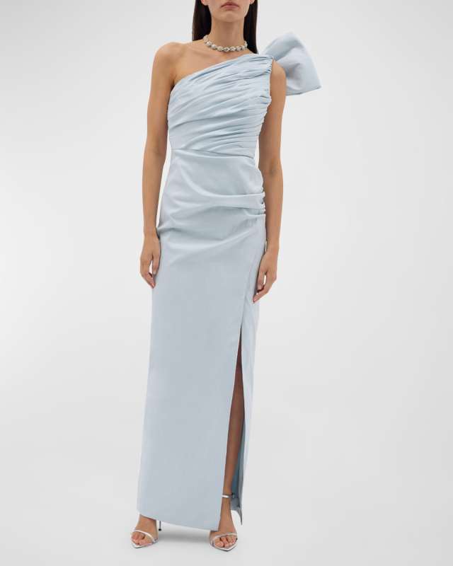 Olive Pleated Draped One-Shoulder Bow Side-Slit Gown