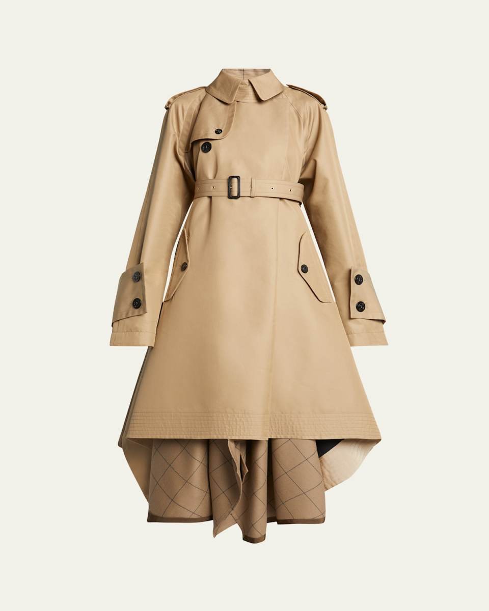 Collared Trench Coat with Windowpane Print Underlay