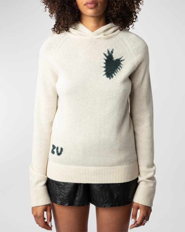 Moony Cashmere Heart Intarsia Hooded Sweater