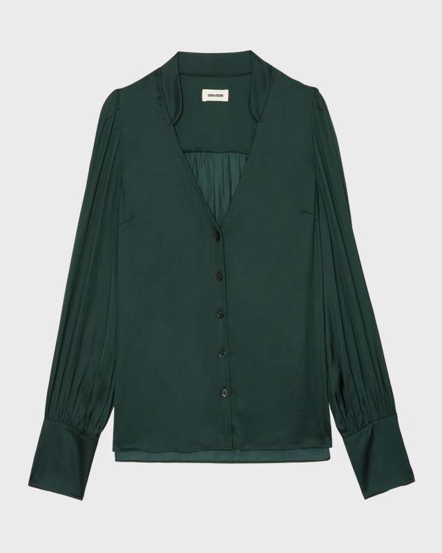 Tinous Split-Neck Bishop-Sleeve Satin Blous