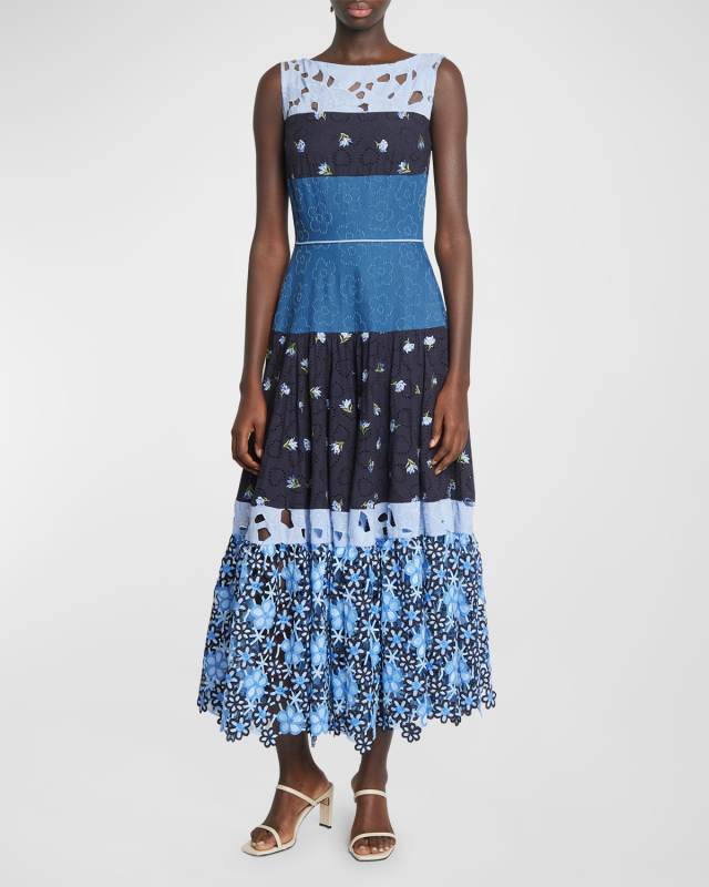 Flower Embroidered Patchwork Sleeveless Tea-Length Dress