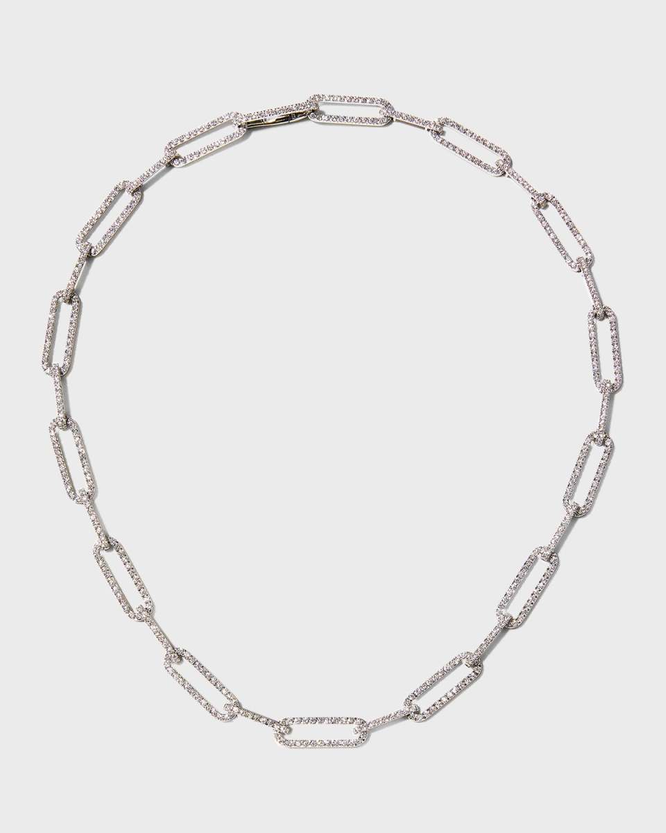 18K White Gold Pave Diamond Paperclip Link Necklace, 16"L