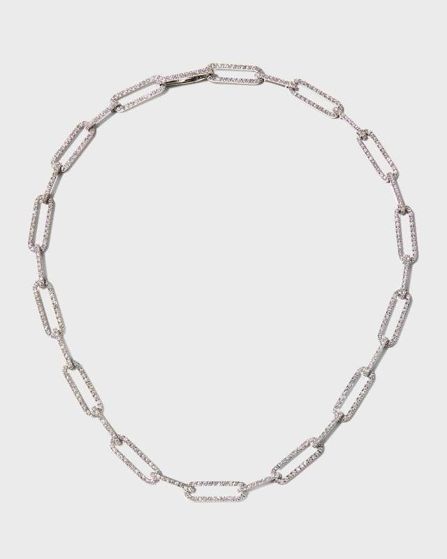 18K White Gold Pave Diamond Paperclip Link Necklace, 16"L
