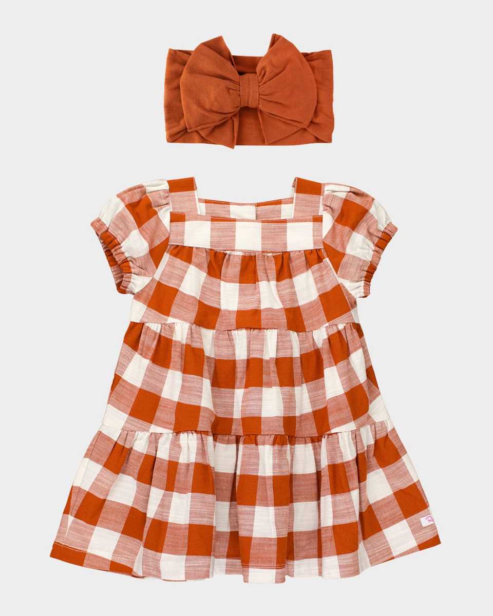 Girl's Plaid-Print Tiered Dress & Headband Set, Size 6M-