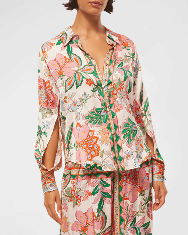 Roya Split-Sleeve Floral Button-Front Top