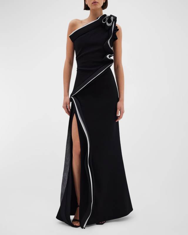 Wilder Two-Tone Ruffle One-Shoulder Slit Gown