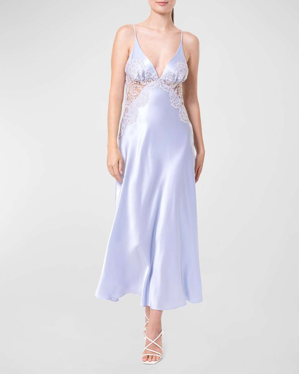Deep V-Neck Lace-Trim Charmeuse Nightgown