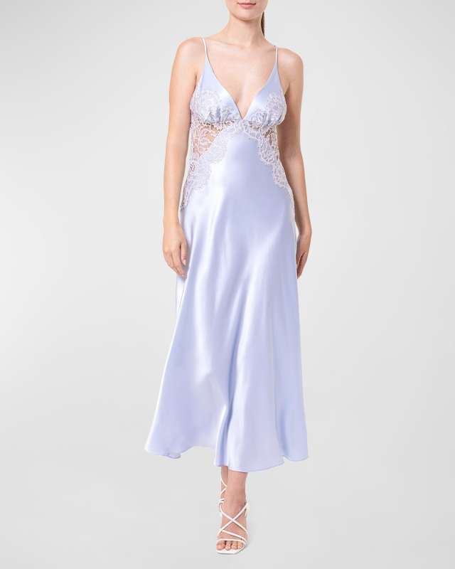 Deep V-Neck Lace-Trim Charmeuse Nightgown