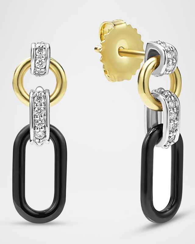 18K Gold Signature Caviar and Black Ceramic Diamond Drop Earrings, 15mm