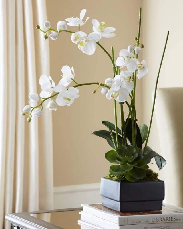 White Orchid in Black Planter Faux-Floral Arrangement
