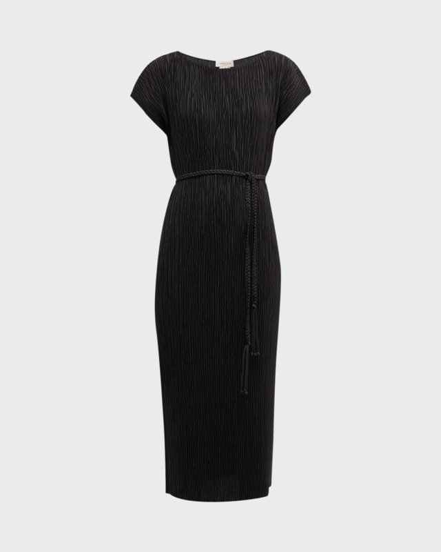 Pleated Tie-Waist Column Midi Dress