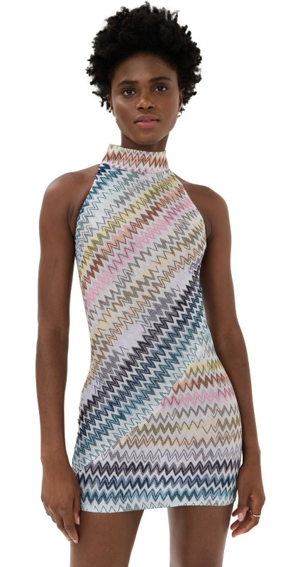 Missoni Sleeveless Mini Dress in Zig Zag Lamé Viscose Space-Dyed With Silver Base
