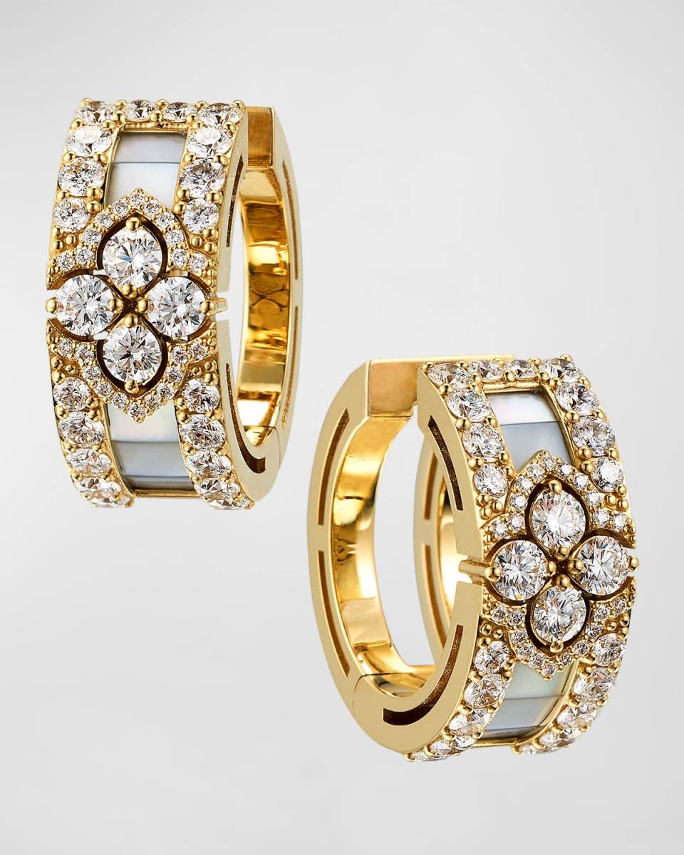 18K Yellow Gold Mother of Pearl Earrings with Diamond Edge