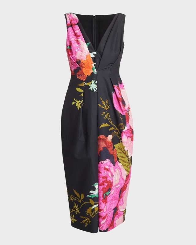 Floral-Print Pleated V-Neck Sleeveless Midi Dress