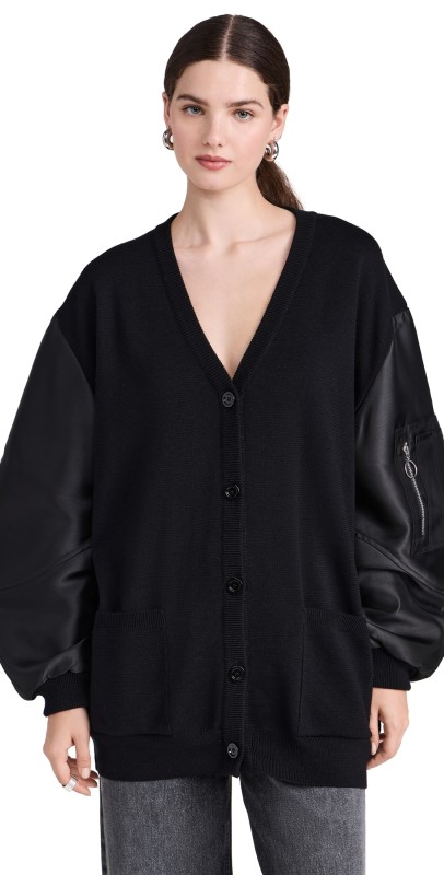 Marques Almeida Merino Cardigan with Satin Bomber Style Sleeves Black