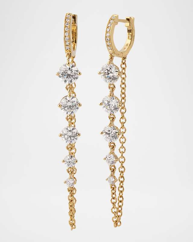 18k Yellow Gold Diamond Huggie Chain Earrings