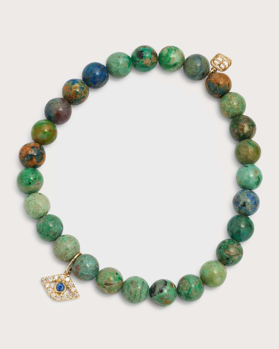 Large Bezel Evil Eye Charm on Smooth Round Chrysocolla Bracelet