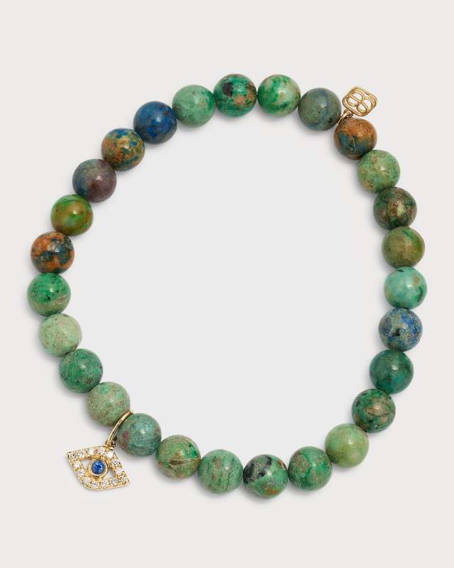 Large Bezel Evil Eye Charm on Smooth Round Chrysocolla Bracelet