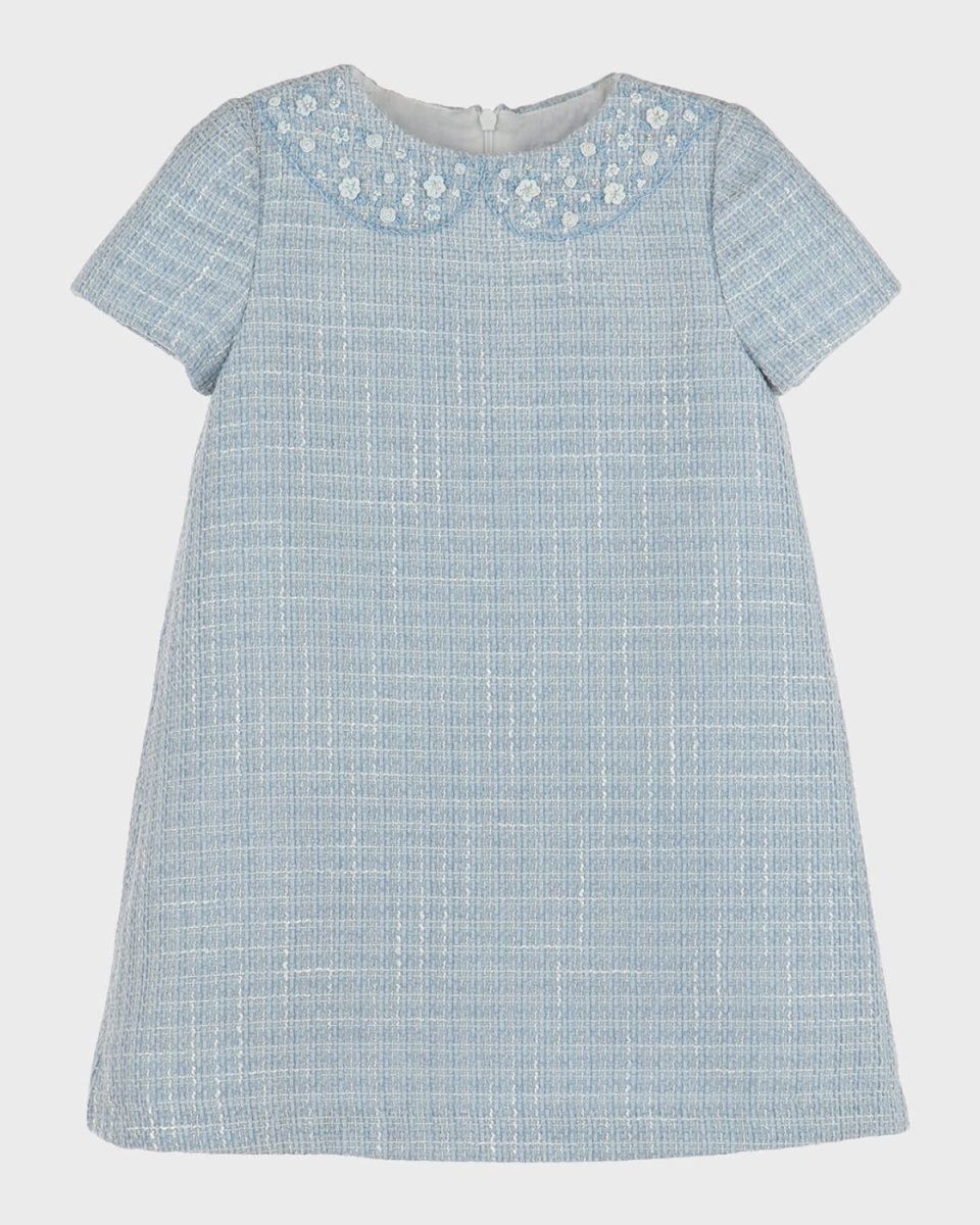 Girl's Floral Embroidered Tweed Dress, Size 4T-6