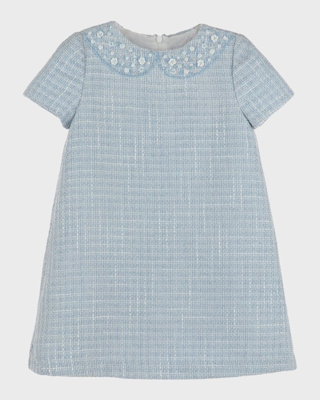 Girl's Floral Embroidered Tweed Dress, Size 4T-6