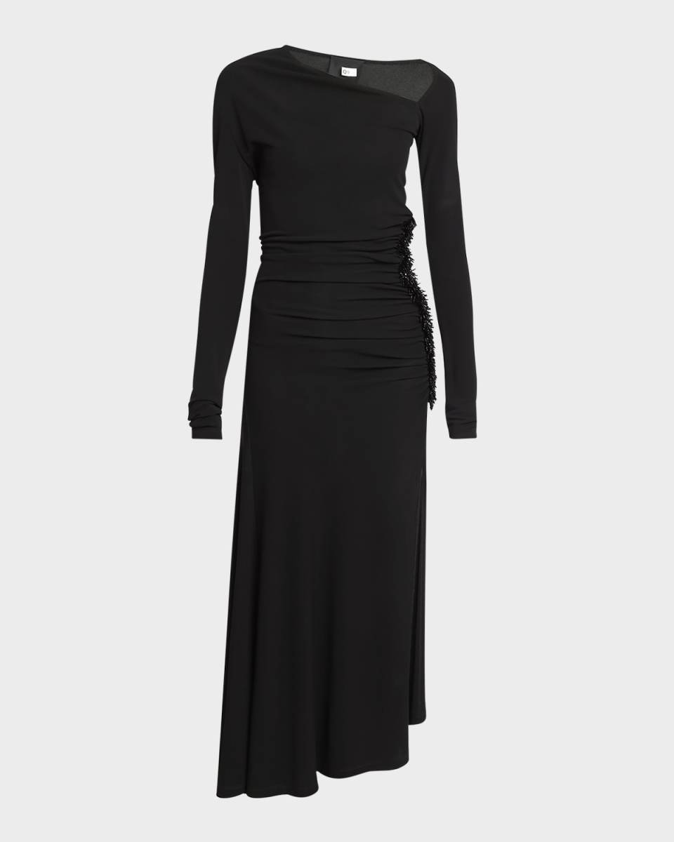 Off-Shoulder Asymmetric Midi Dress with Beaded Detail