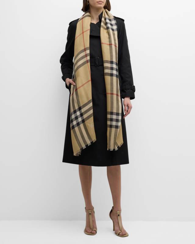 Check Lightweight Gauze Wool Scarf