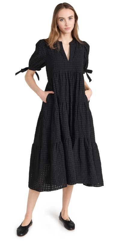 English Factory Gingham Tiered Midi Dress with Bow Tie Sleeves Black
