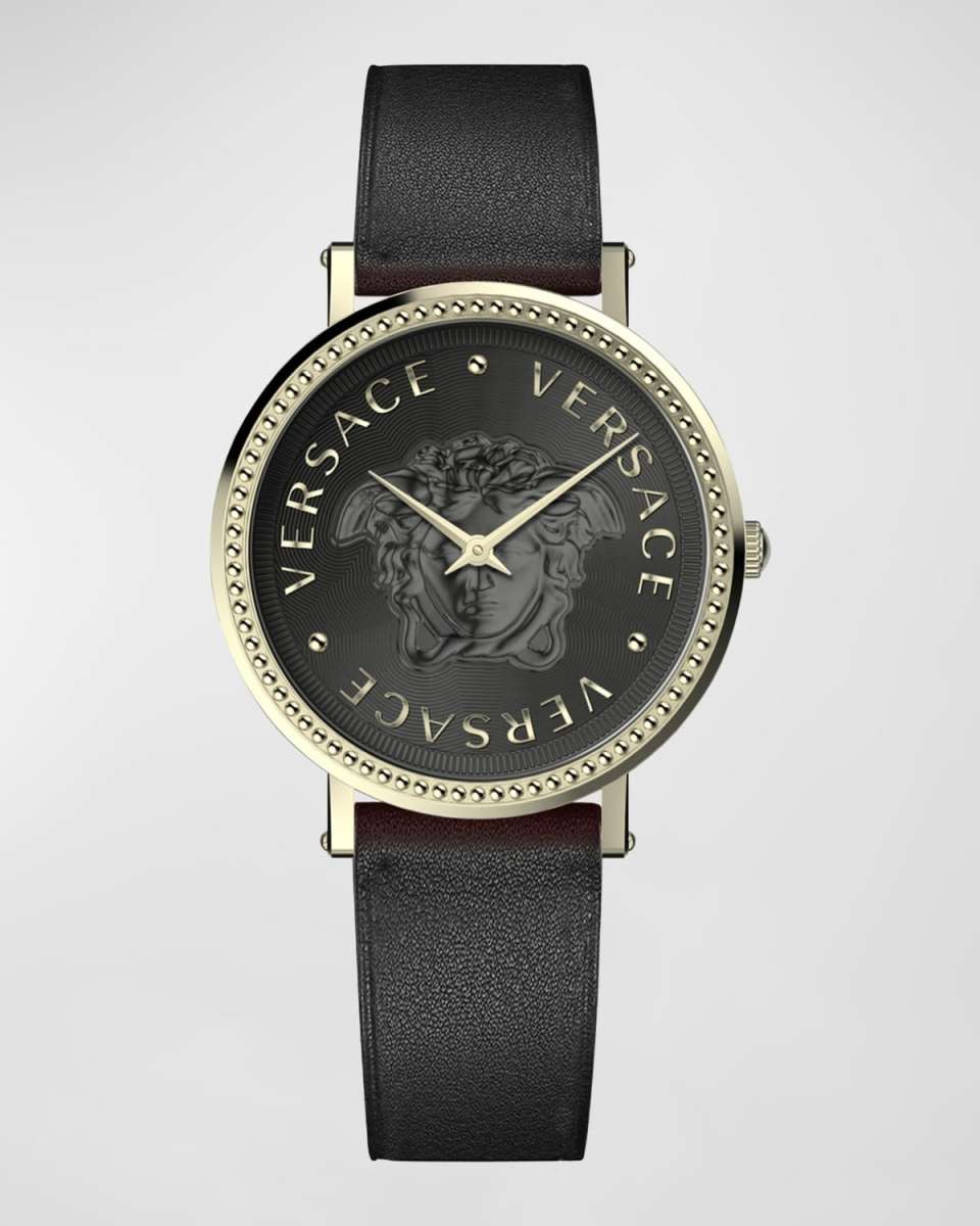 37mm V-Dollar Watch with Leather Strap, Yellow Gold/Black