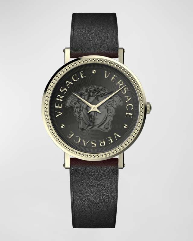 37mm V-Dollar Watch with Leather Strap, Yellow Gold/Black