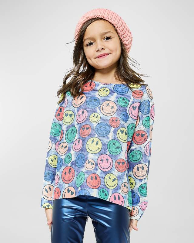 Girl's Sweater W/ Multicolor Happy Faces, Size 4-10