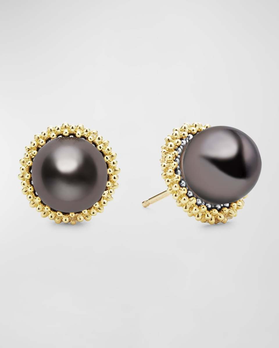 Sterling Silver 18K Luna Black Pearl Lux 9mm Stud Earrings