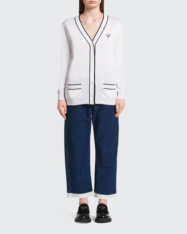 Logo-Intarsia Silk Cardigan w/ Contrast Tipping