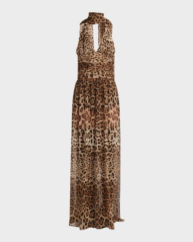 Plunging Leopard-Print Chiffon Scarf-Neck Gown