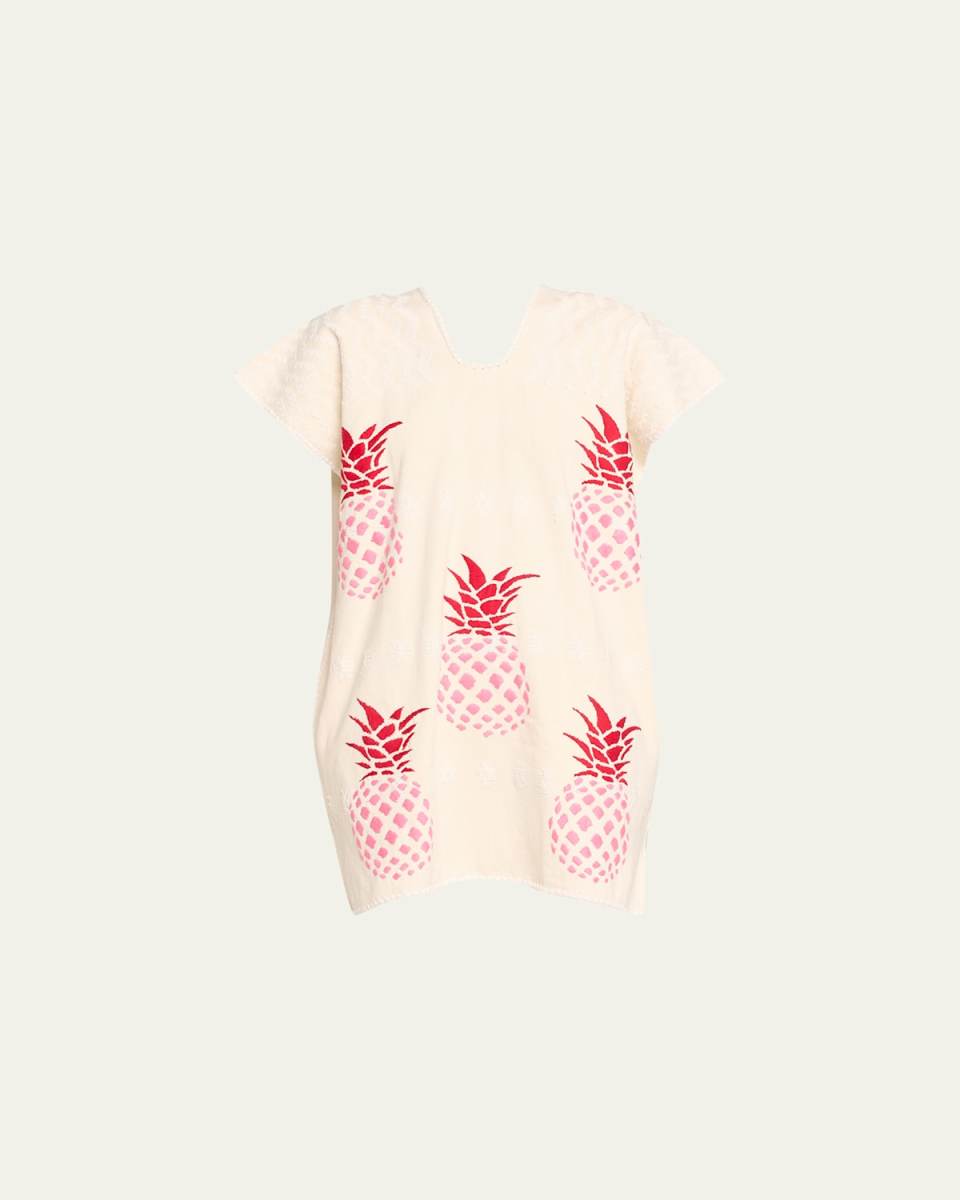Single-Panel Mini Kaftan in White with Pink Pineapple Embroidery