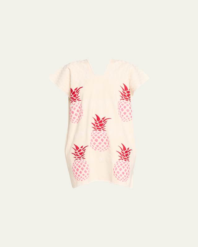 Single-Panel Mini Kaftan in White with Pink Pineapple Embroidery