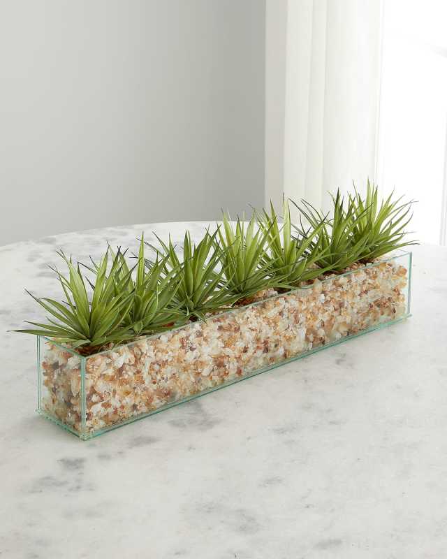 Faux Agave in Rectangular Glass Vase with Crushed Citrine