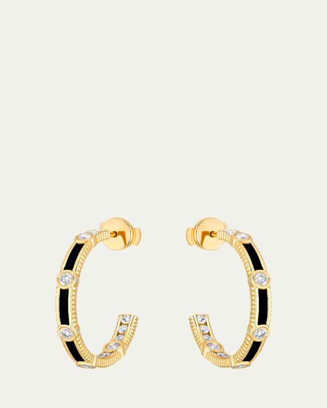 Rayon Hoop Earrings in Onyx, 18K Yellow Gold and Diamonds