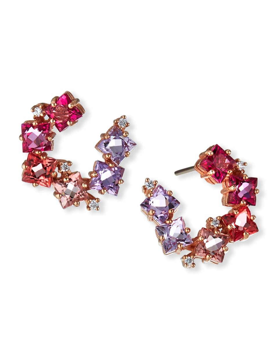 14K Rose Gold Clover and White Diamond Small Spiral Hoop Earrings, Pink